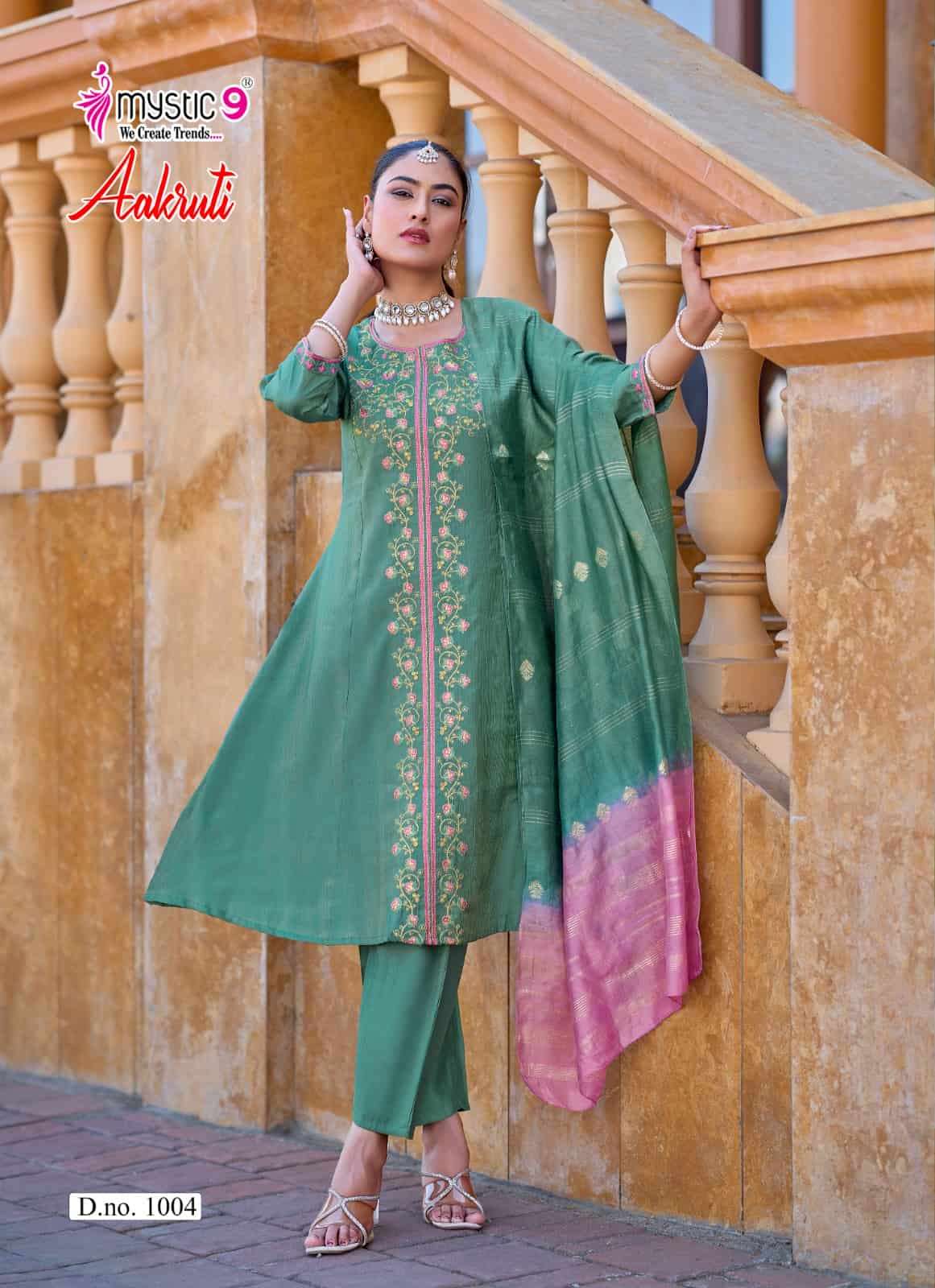 Mystic 9 Aakruti Vertican Shimmer Kurti Pant Dupatta Set Wholesale