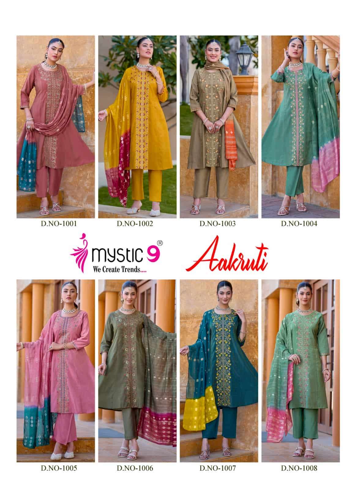 Mystic 9 Aakruti Vertican Shimmer Kurti Pant Dupatta Set Wholesale