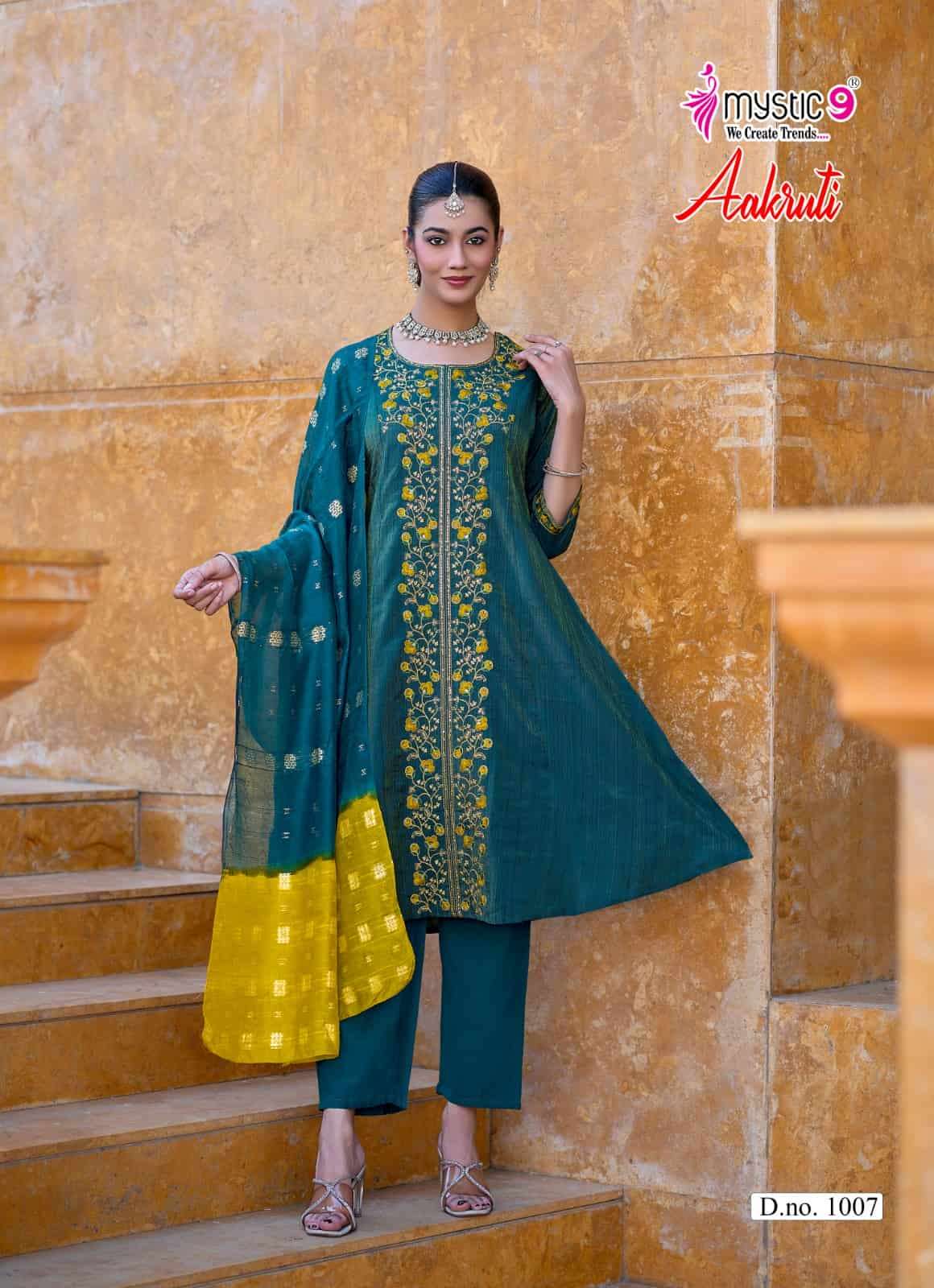 Mystic 9 Aakruti Vertican Shimmer Kurti Pant Dupatta Set Wholesale