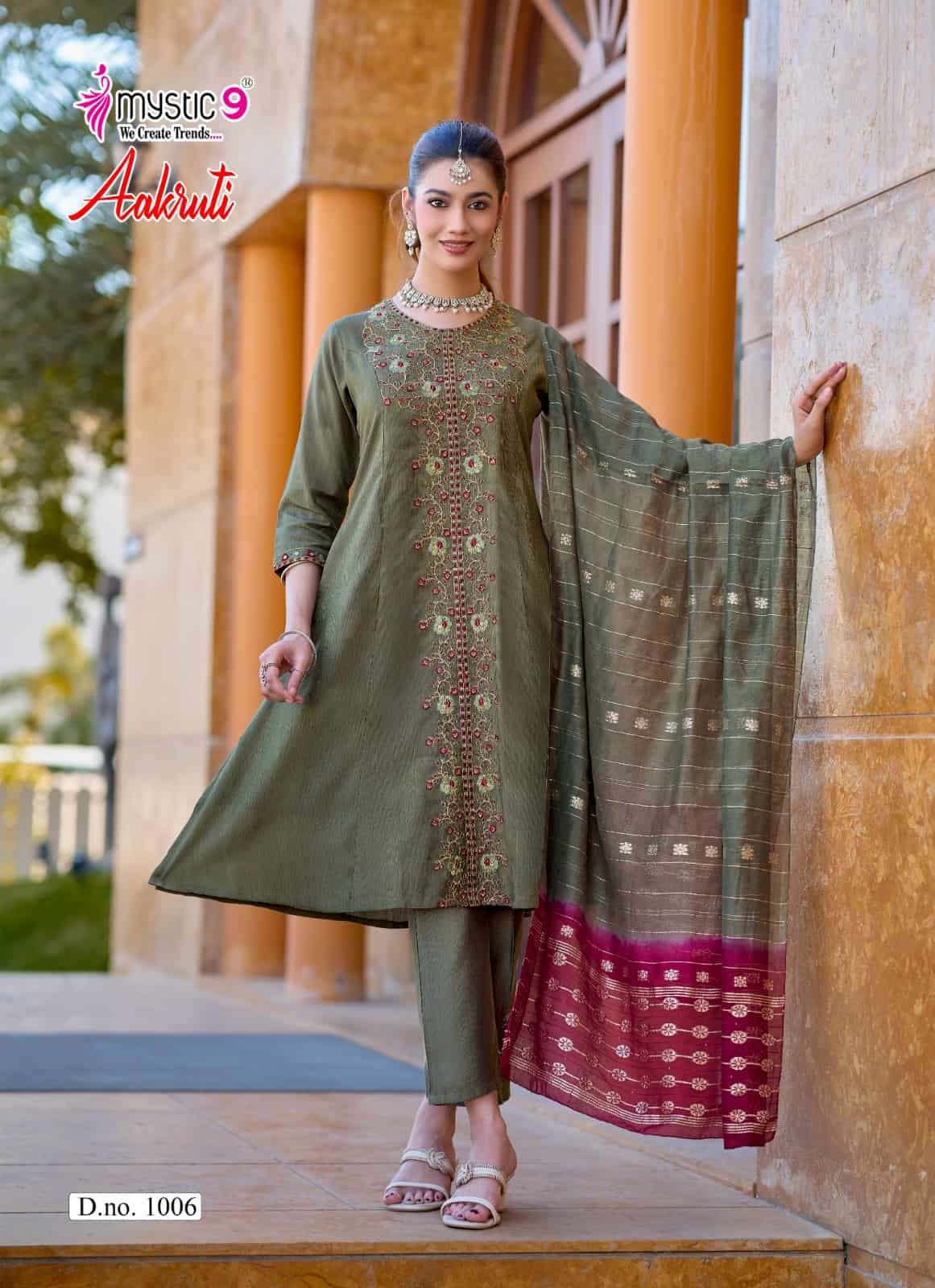 Mystic 9 Aakruti Vertican Shimmer Kurti Pant Dupatta Set Wholesale