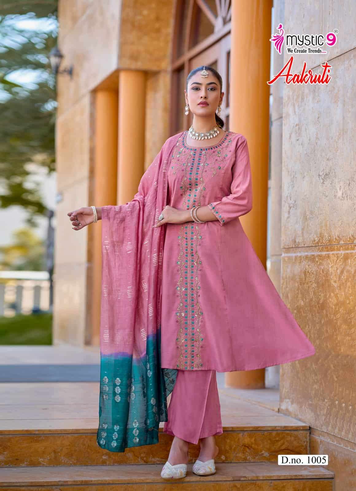 Mystic 9 Aakruti Vertican Shimmer Kurti Pant Dupatta Set Wholesale