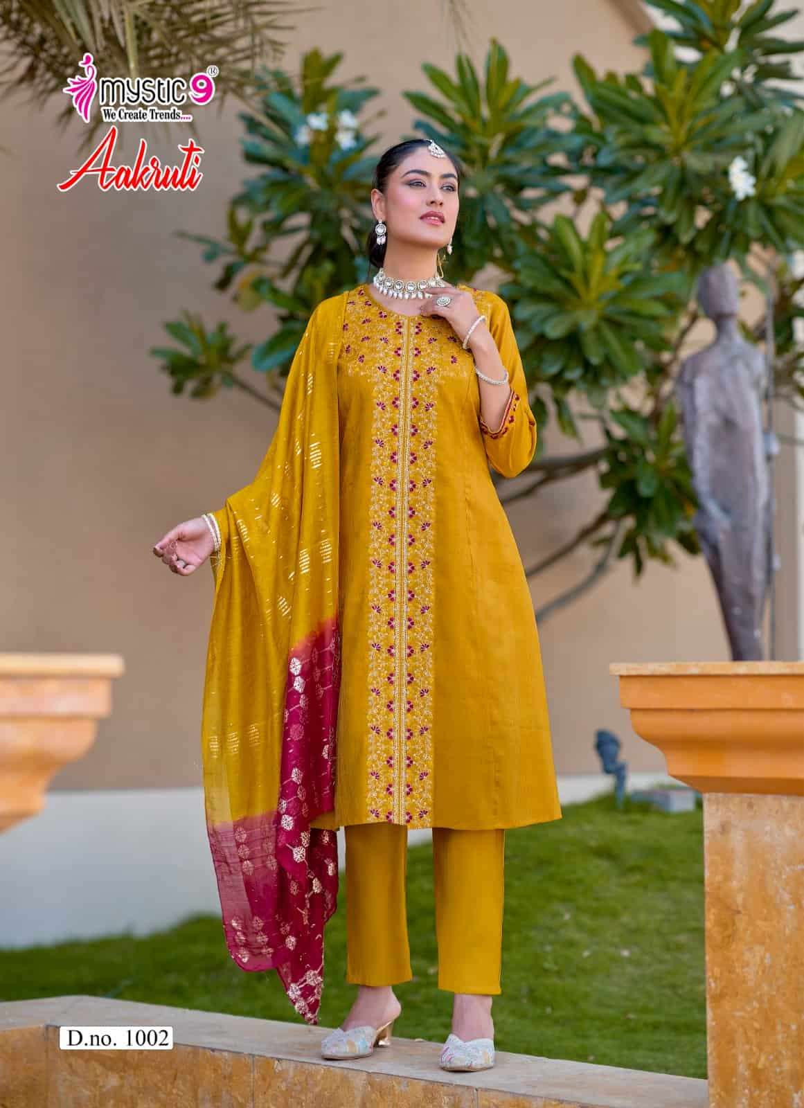 Mystic 9 Aakruti Vertican Shimmer Kurti Pant Dupatta Set Wholesale