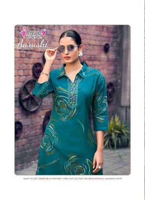 Mystic 9 Aarushi Vol 1 Roman Glass Embroidered Kurti Pant Set - Amrah Wholesale