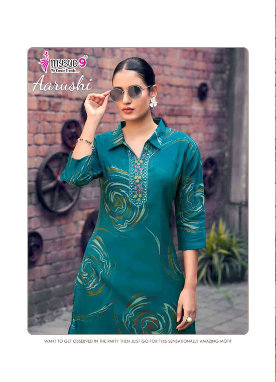 Mystic 9 Aarushi Vol 1 Roman Glass Embroidered Kurti Pant Set