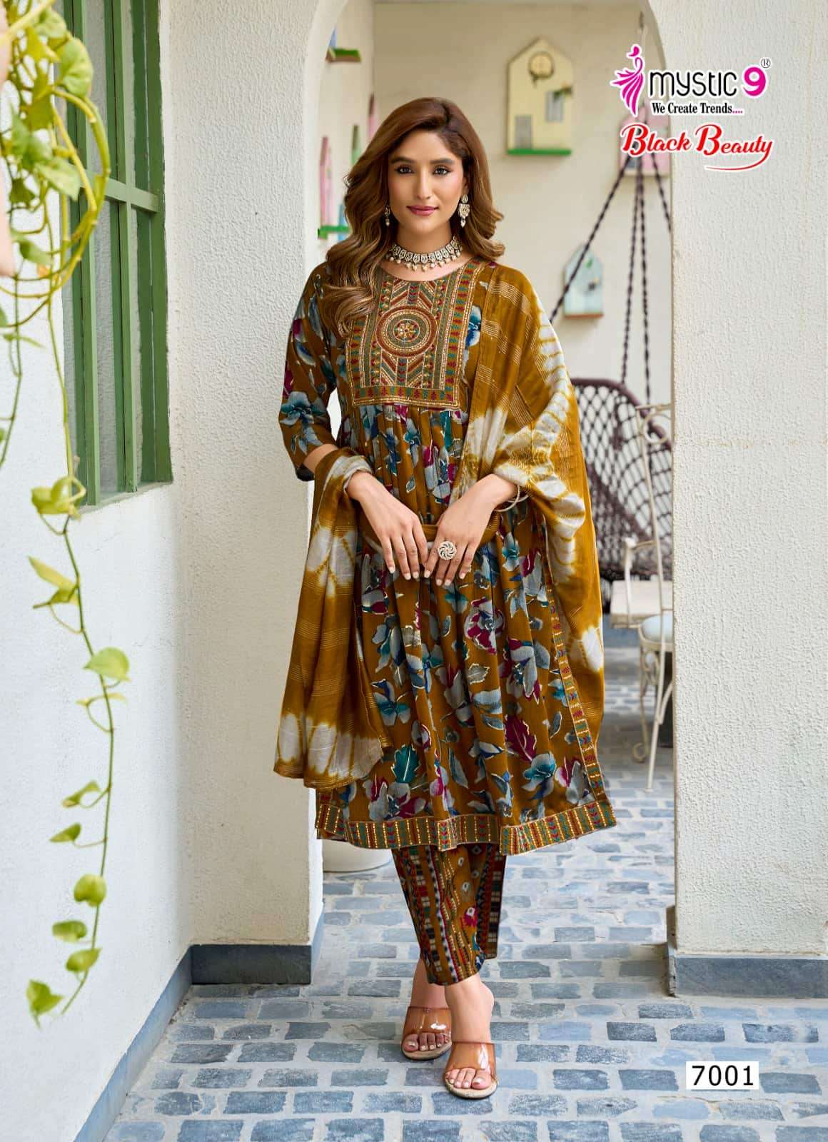 Mystic 9 Black Beauty Vol 7 Rayon Embroidered Kurti Pant Dupatta Set