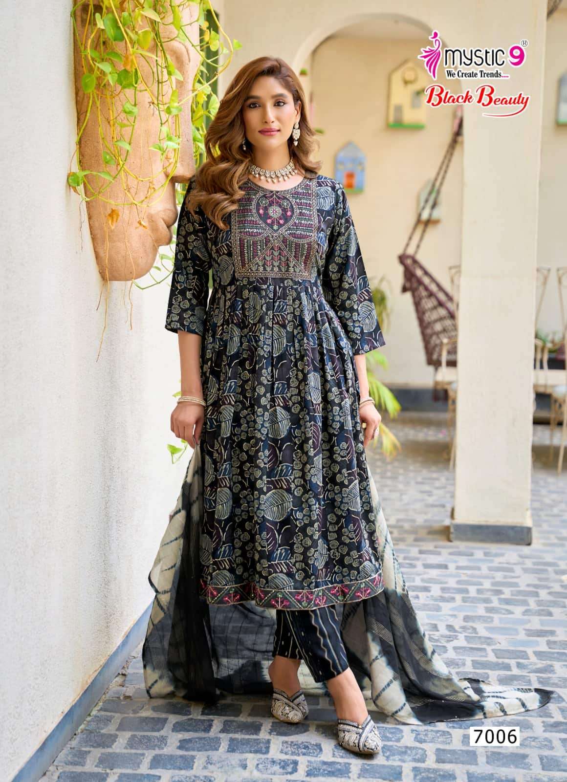 Mystic 9 Black Beauty Vol 7 Rayon Embroidered Kurti Pant Dupatta Set