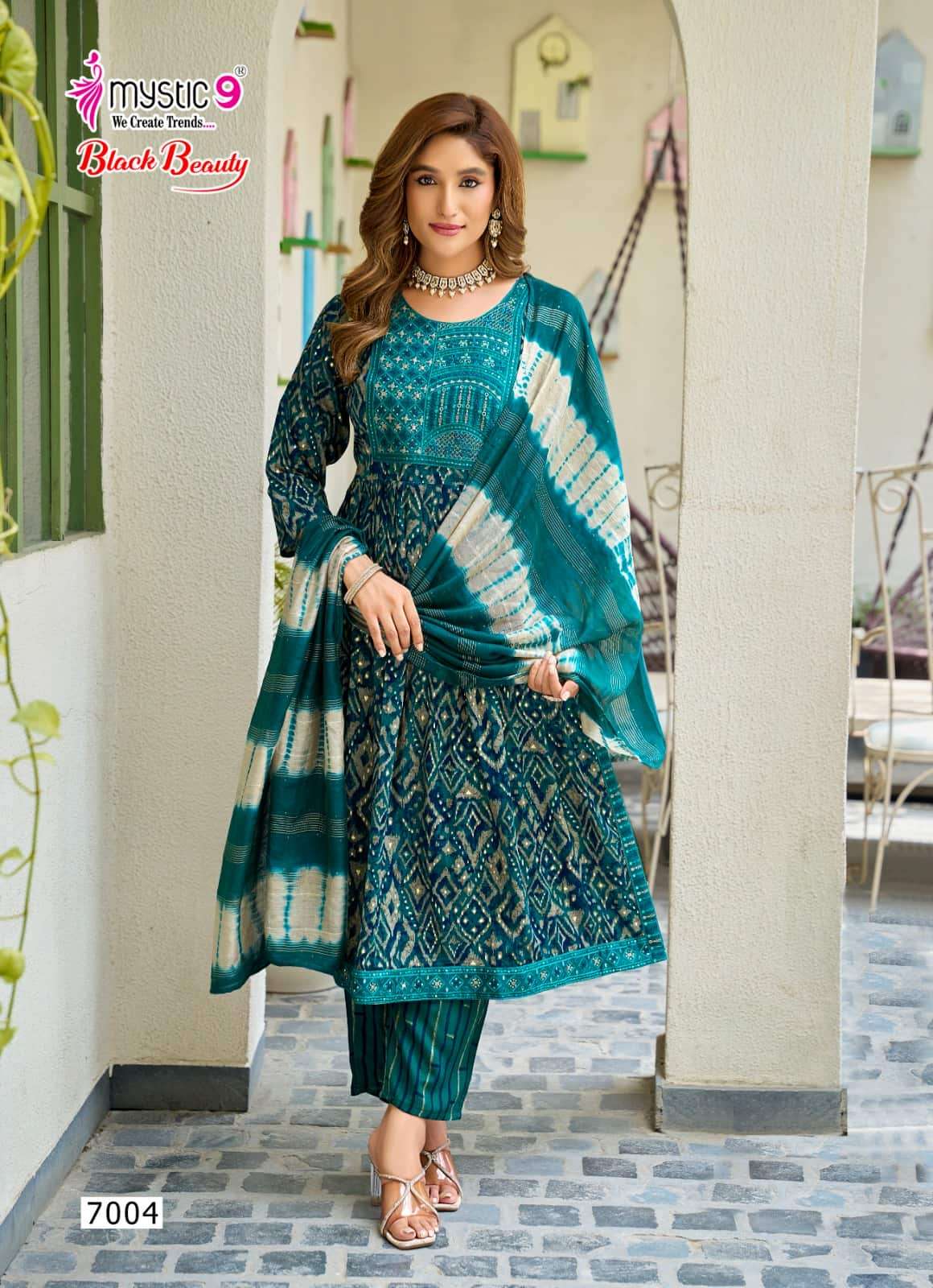 Mystic 9 Black Beauty Vol 7 Rayon Embroidered Kurti Pant Dupatta Set