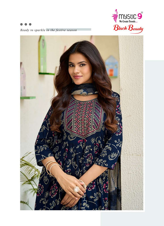 Mystic 9 Black Beauty Vol 7 Rayon Embroidered Kurti Pant Dupatta Set