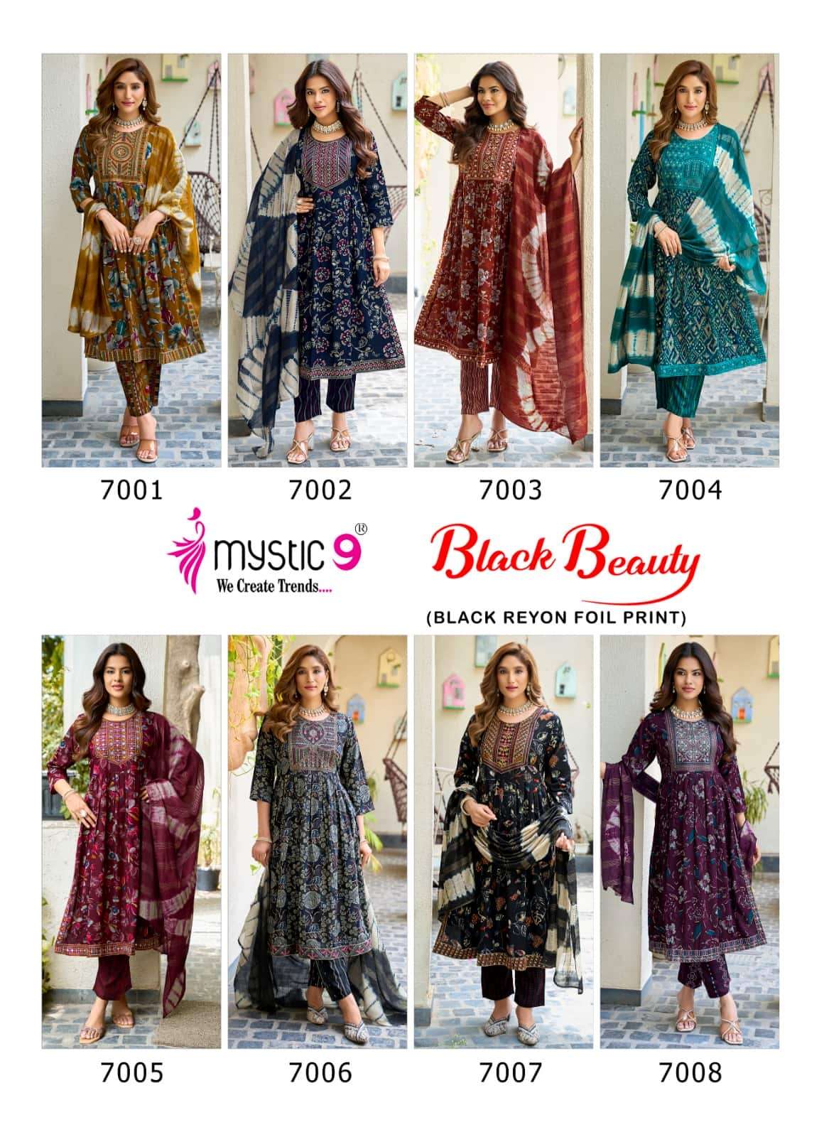 Mystic 9 Black Beauty Vol 7 Rayon Embroidered Kurti Pant Dupatta Set