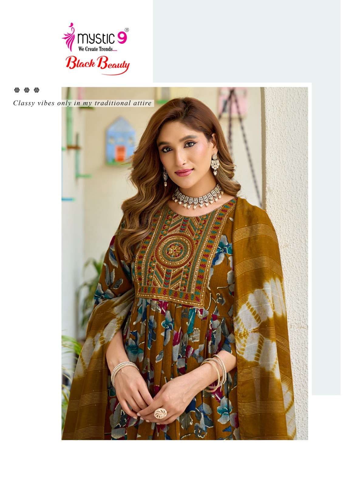 Mystic 9 Black Beauty Vol 7 Rayon Embroidered Kurti Pant Dupatta Set