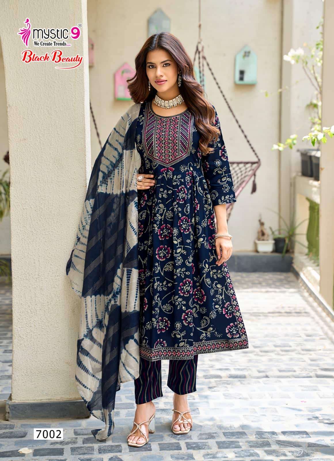 Mystic 9 Black Beauty Vol 7 Rayon Embroidered Kurti Pant Dupatta Set