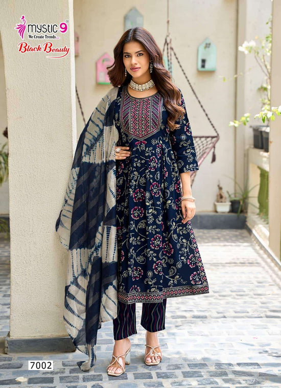 Mystic 9 Black Beauty Vol 7 Rayon Embroidered Kurti Pant Dupatta Set