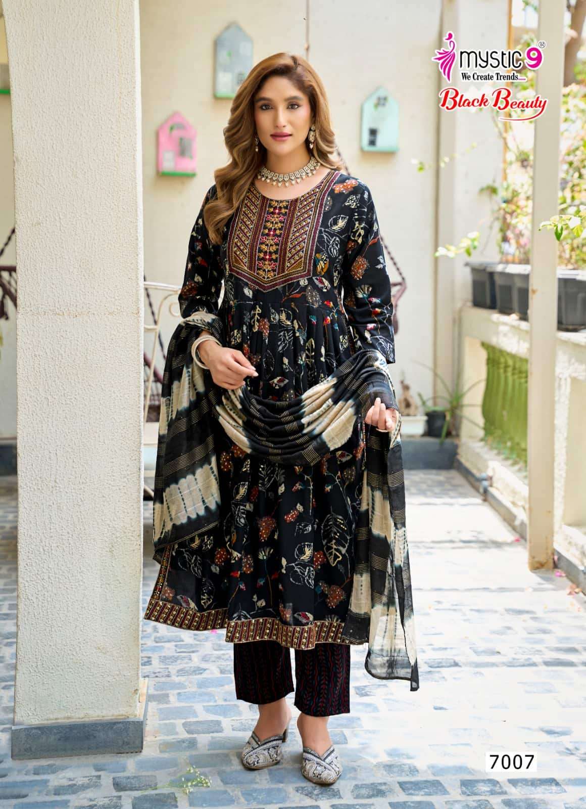 Mystic 9 Black Beauty Vol 7 Rayon Embroidered Kurti Pant Dupatta Set