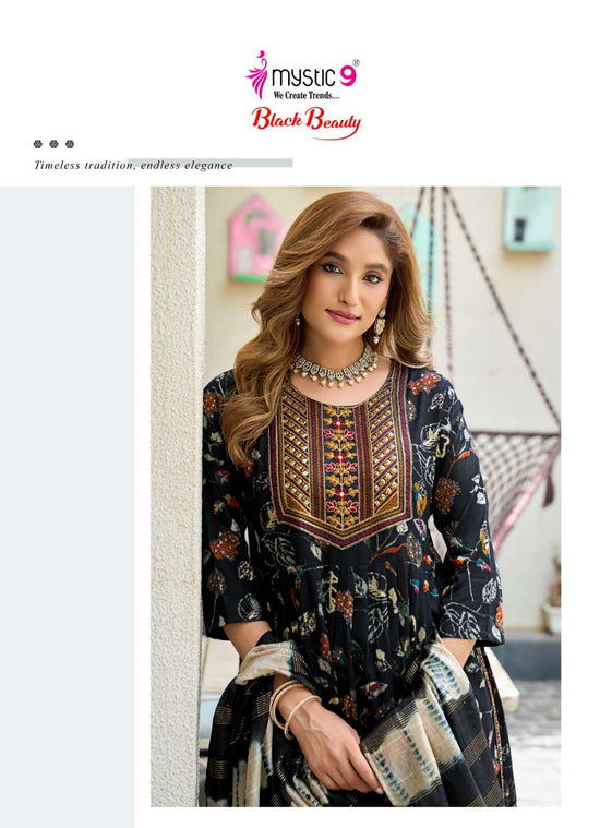 Mystic 9 Black Beauty Vol 7 Rayon Embroidered Kurti Pant Dupatta Set