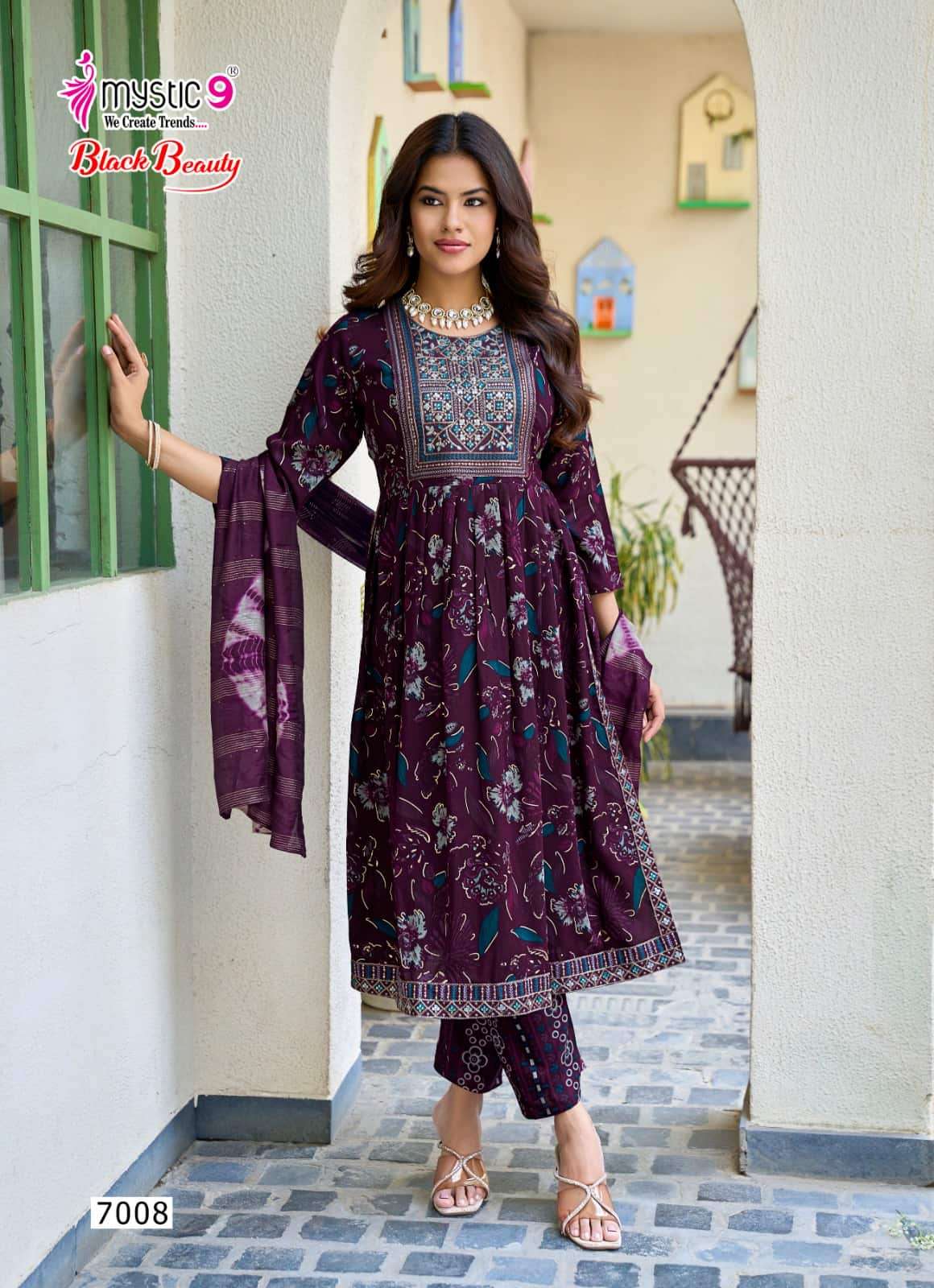 Mystic 9 Black Beauty Vol 7 Rayon Embroidered Kurti Pant Dupatta Set
