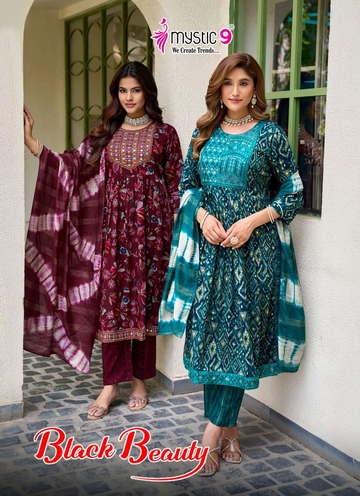 Mystic 9 Black Beauty Vol 7 Rayon Embroidered Kurti Pant Dupatta Set