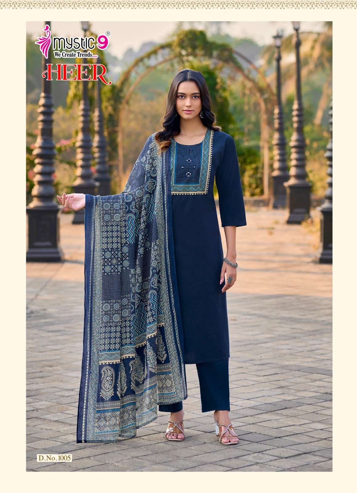 Mystic 9 Heer Cotton Dhabu Kurti Pant Dupatta Set Wholesale