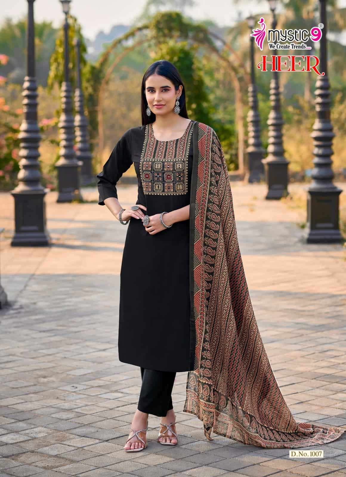 Mystic 9 Heer Cotton Dhabu Kurti Pant Dupatta Set Wholesale