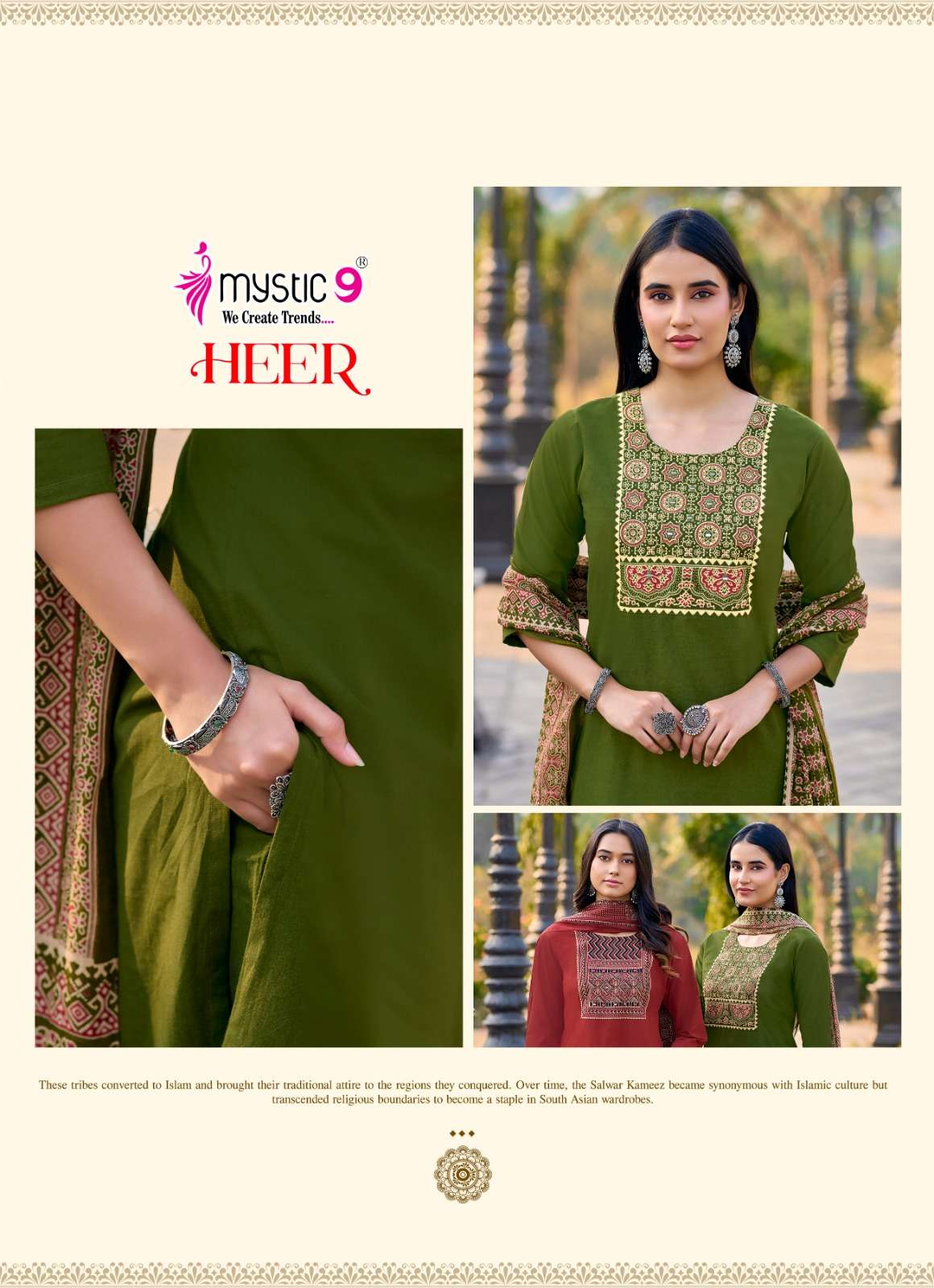 Mystic 9 Heer Cotton Dhabu Kurti Pant Dupatta Set Wholesale