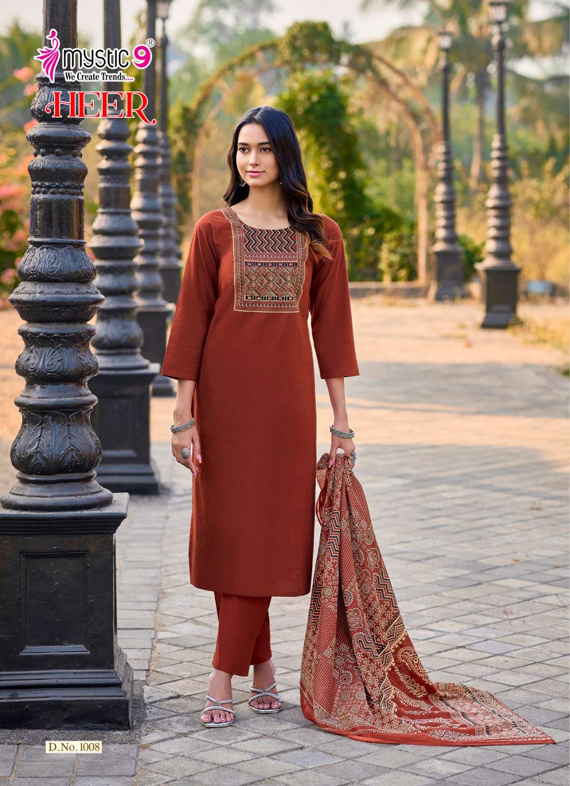 Mystic 9 Heer Cotton Dhabu Kurti Pant Dupatta Set Wholesale