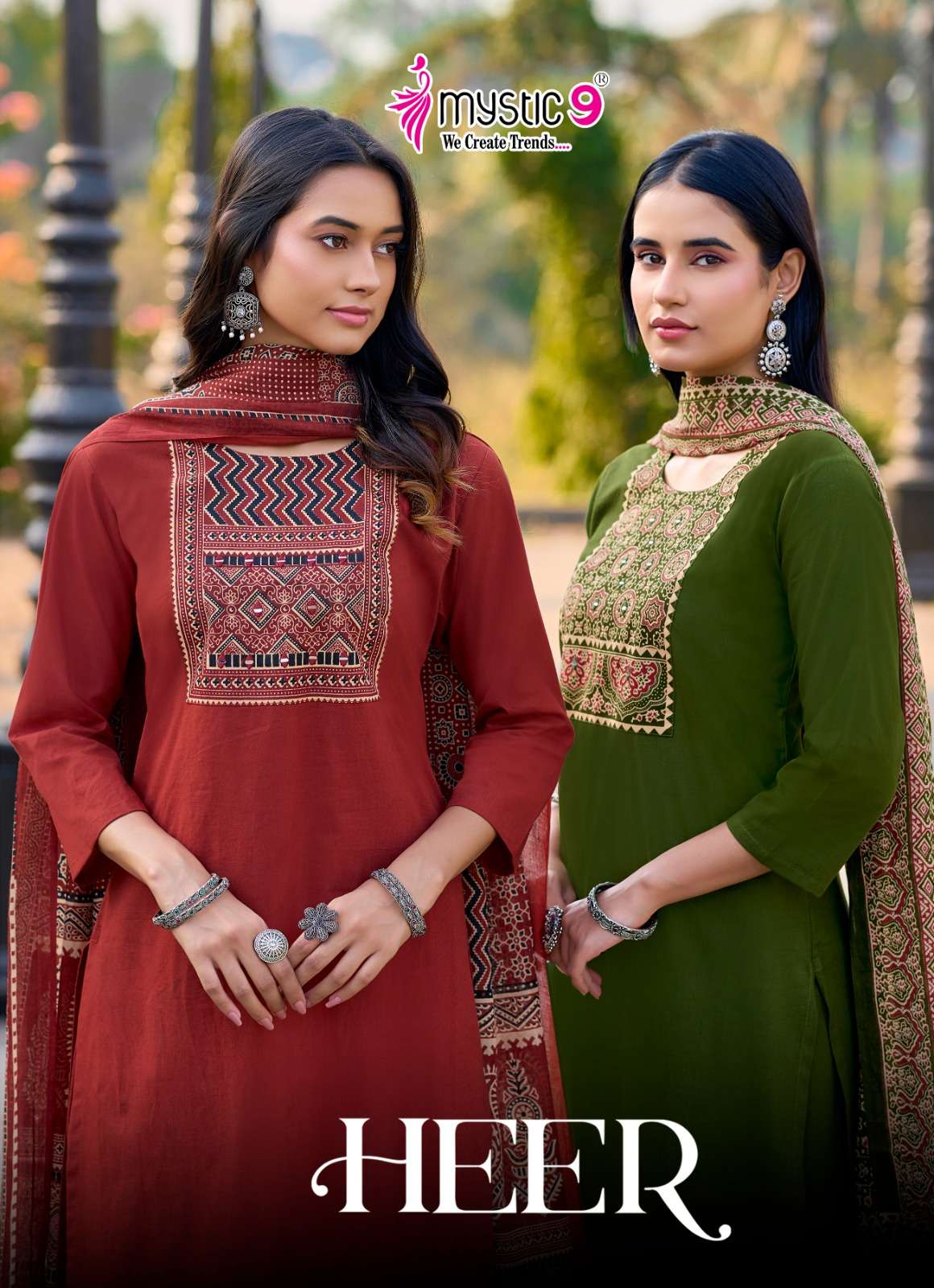 Mystic 9 Heer Cotton Dhabu Kurti Pant Dupatta Set Wholesale