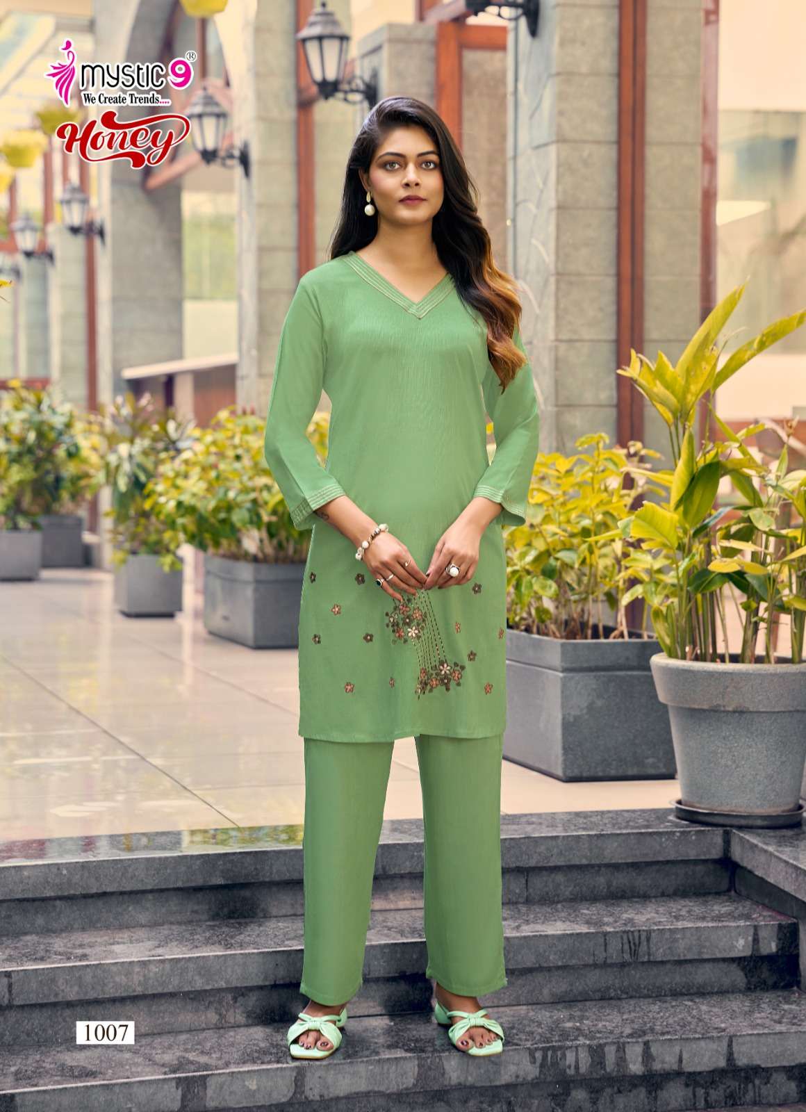 Mystic 9 Honey Vol 1 Premium Viscose Slub Lycra Embroidered Co Ord Set - Amrah Wholesale