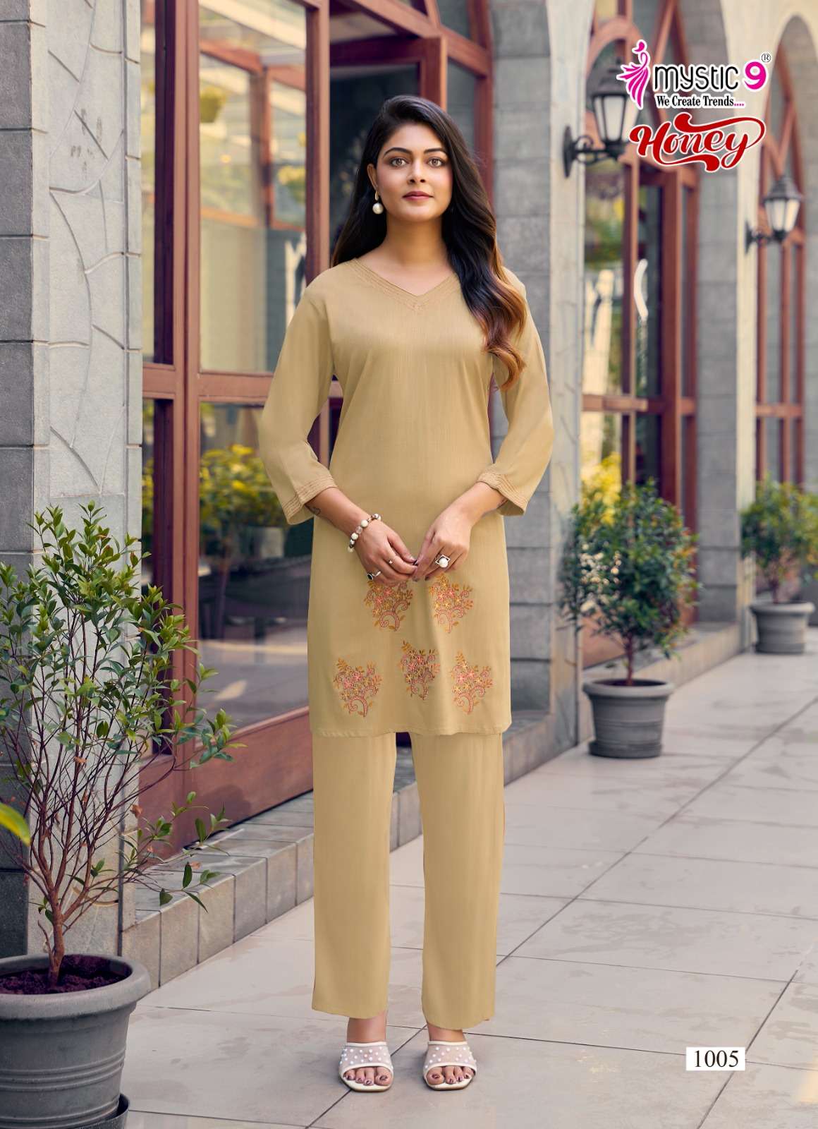 Mystic 9 Honey Vol 1 Premium Viscose Slub Lycra Embroidered Co Ord Set - Amrah Wholesale