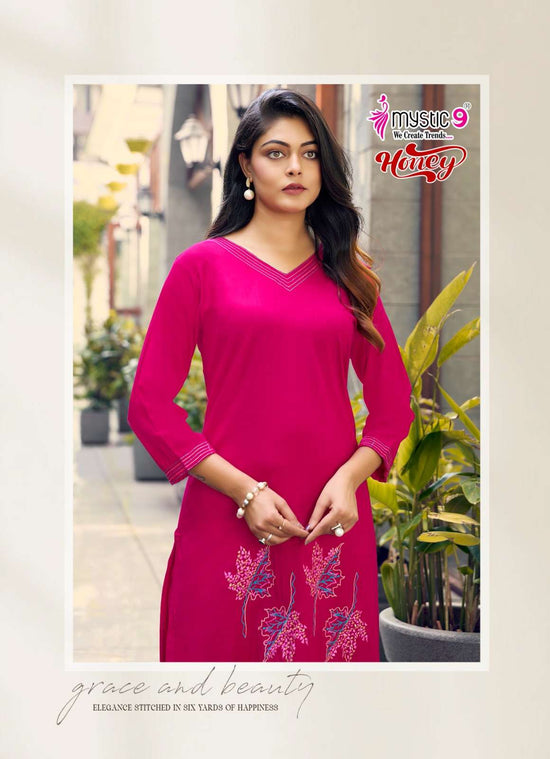 Mystic 9 Honey Vol 1 Premium Viscose Slub Lycra Embroidered Co Ord Set - Amrah Wholesale