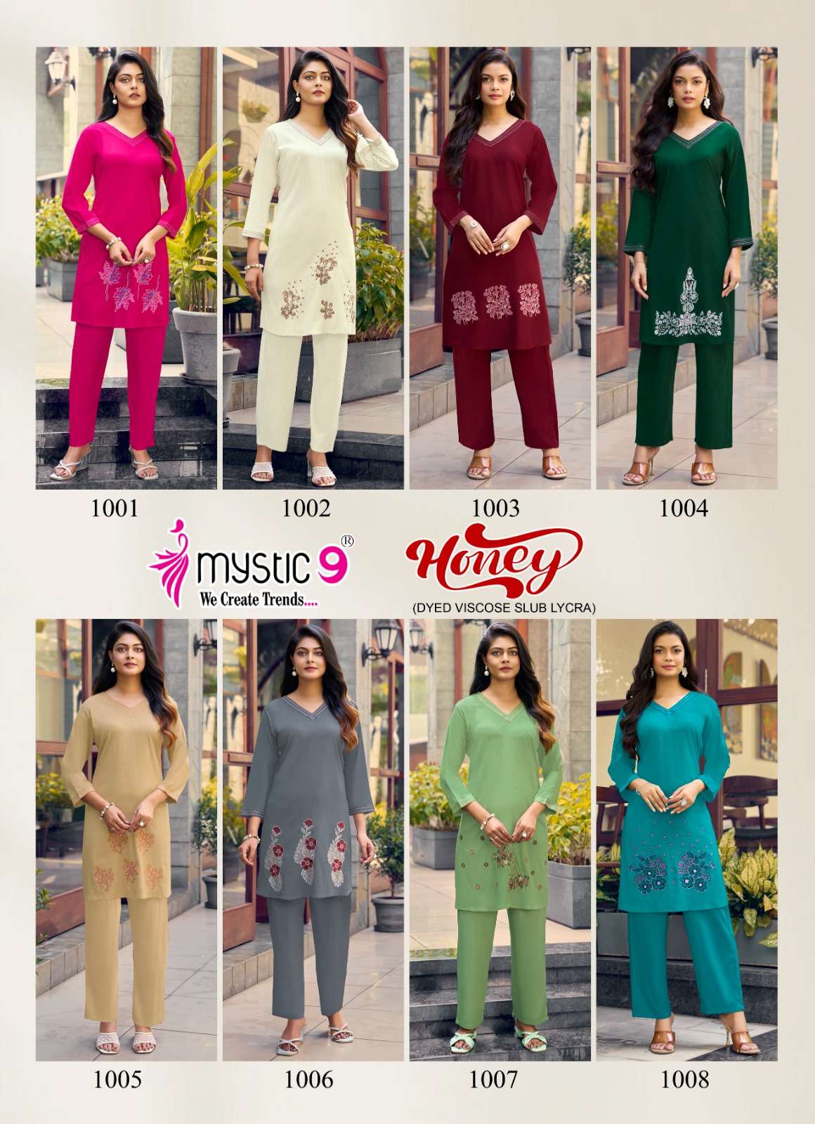 Mystic 9 Honey Vol 1 Premium Viscose Slub Lycra Embroidered Co Ord Set - Amrah Wholesale