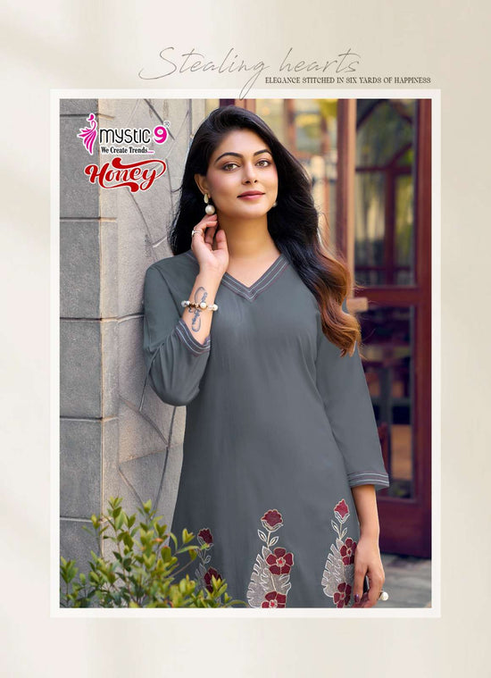 Mystic 9 Honey Vol 1 Premium Viscose Slub Lycra Embroidered Co Ord Set