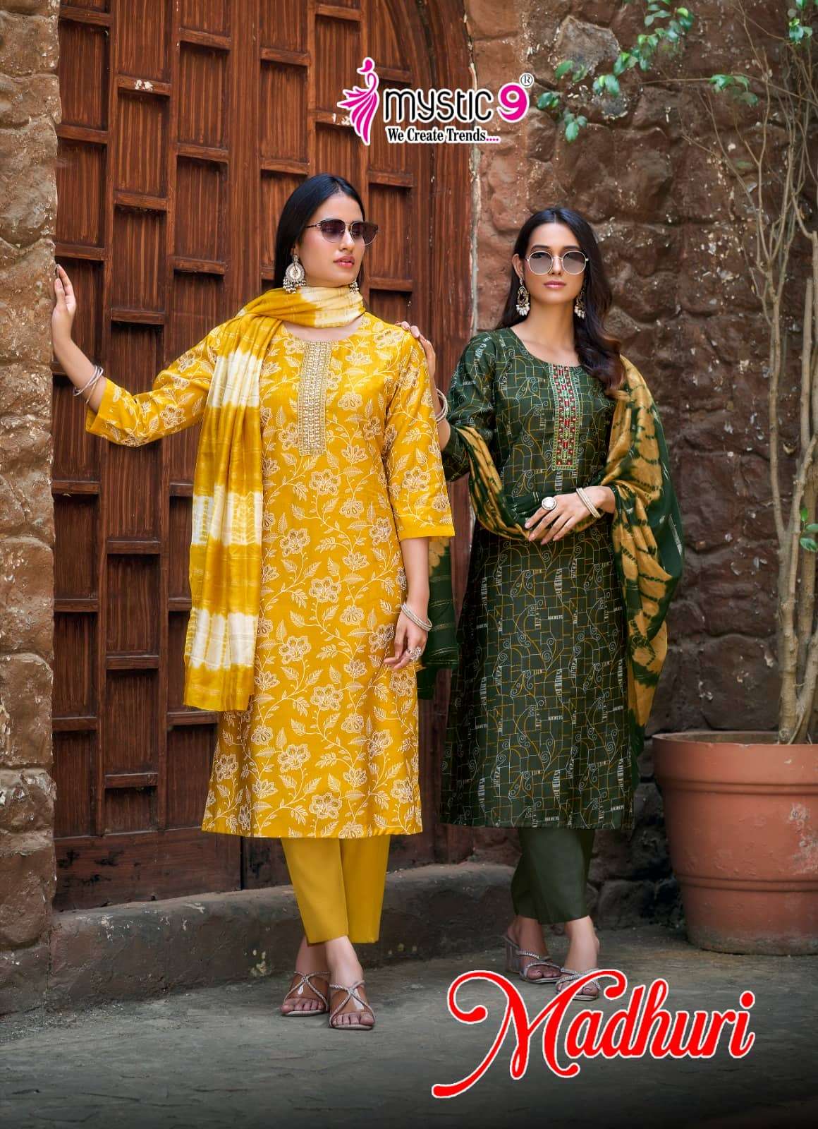 Mystic 9 Madhuri Vol 1 Vertican Foil Print Embroidered Kurti Pant Dupatta Set