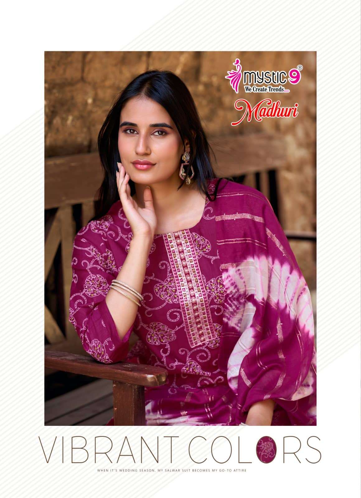 Mystic 9 Madhuri Vol 1 Vertican Foil Print Embroidered Kurti Pant Dupatta Set