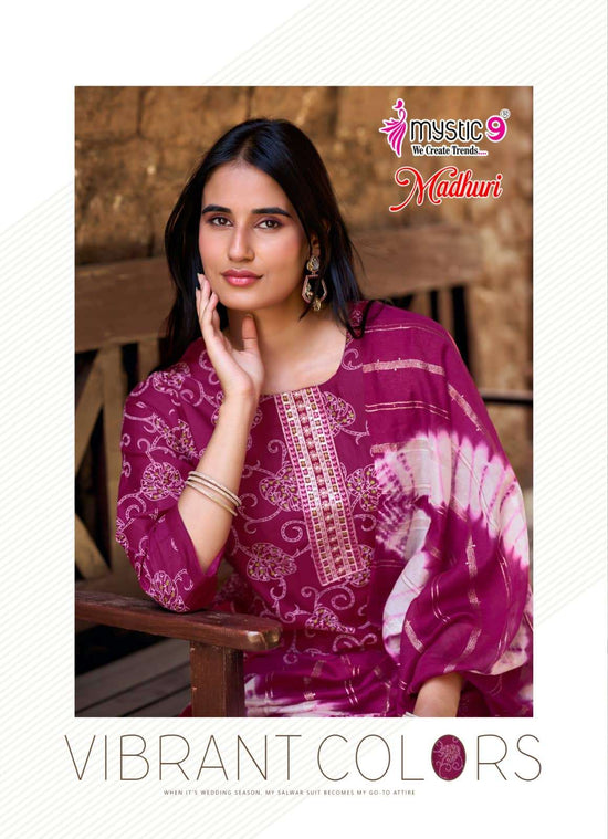 Mystic 9 Madhuri Vol 1 Vertican Foil Print Embroidered Kurti Pant Dupatta Set