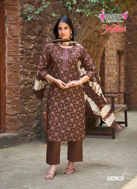 Mystic 9 Madhuri Vol 1 Vertican Foil Print Embroidered Kurti Pant Dupatta Set