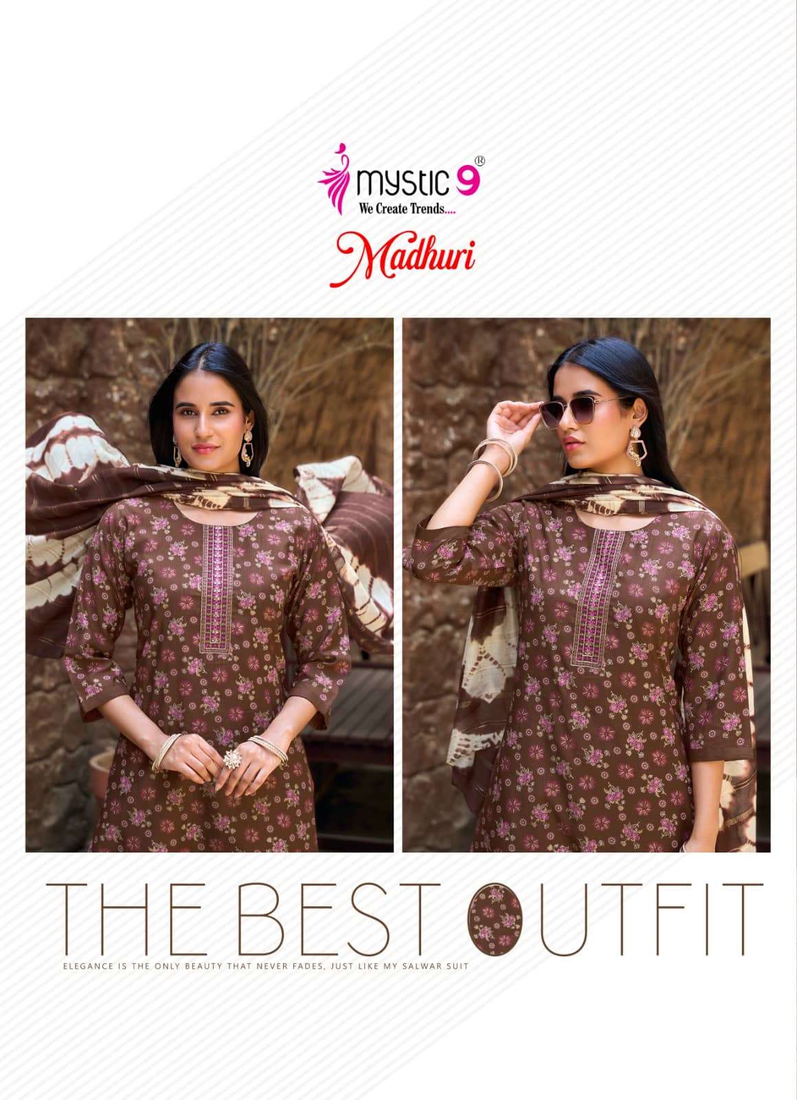 Mystic 9 Madhuri Vol 1 Vertican Foil Print Embroidered Kurti Pant Dupatta Set