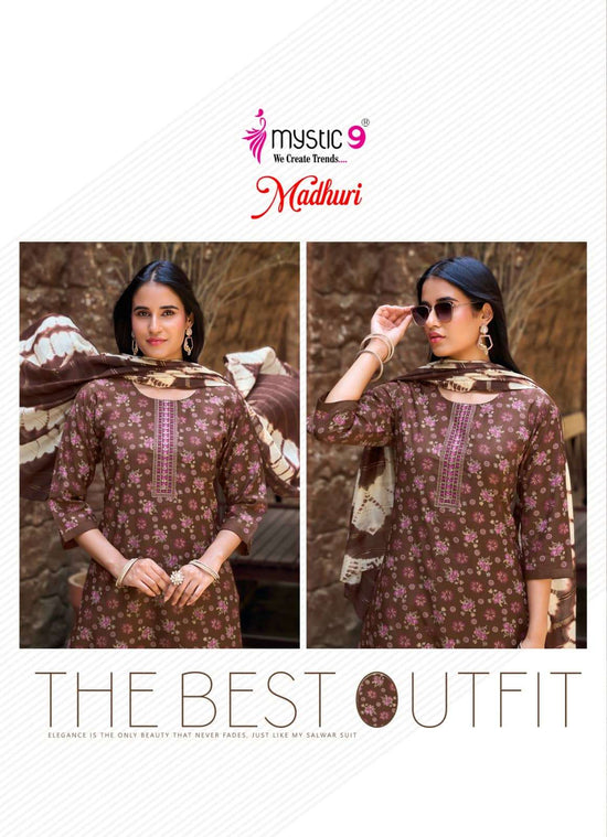 Mystic 9 Madhuri Vol 1 Vertican Foil Print Embroidered Kurti Pant Dupatta Set