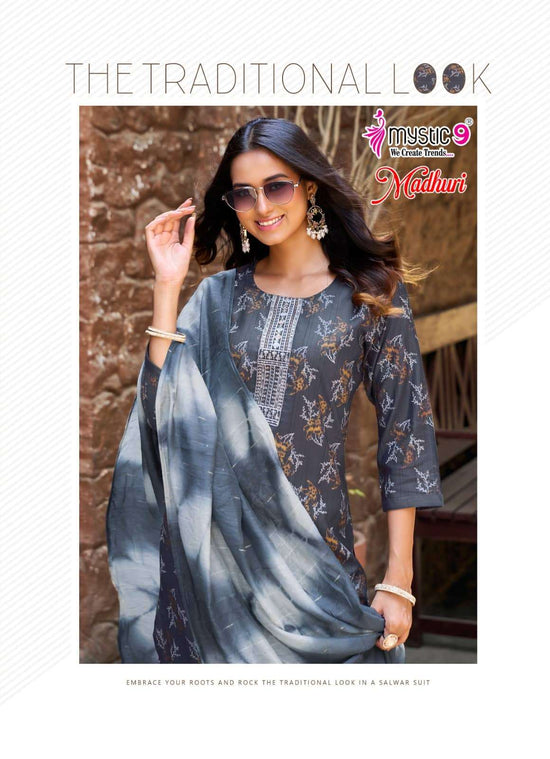 Mystic 9 Madhuri Vol 1 Vertican Foil Print Embroidered Kurti Pant Dupatta Set