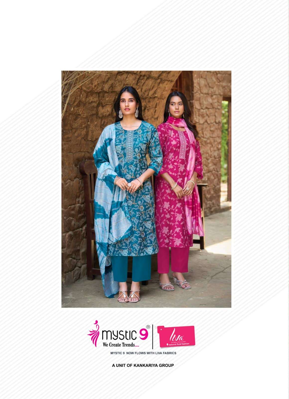 Mystic 9 Madhuri Vol 1 Vertican Foil Print Embroidered Kurti Pant Dupatta Set