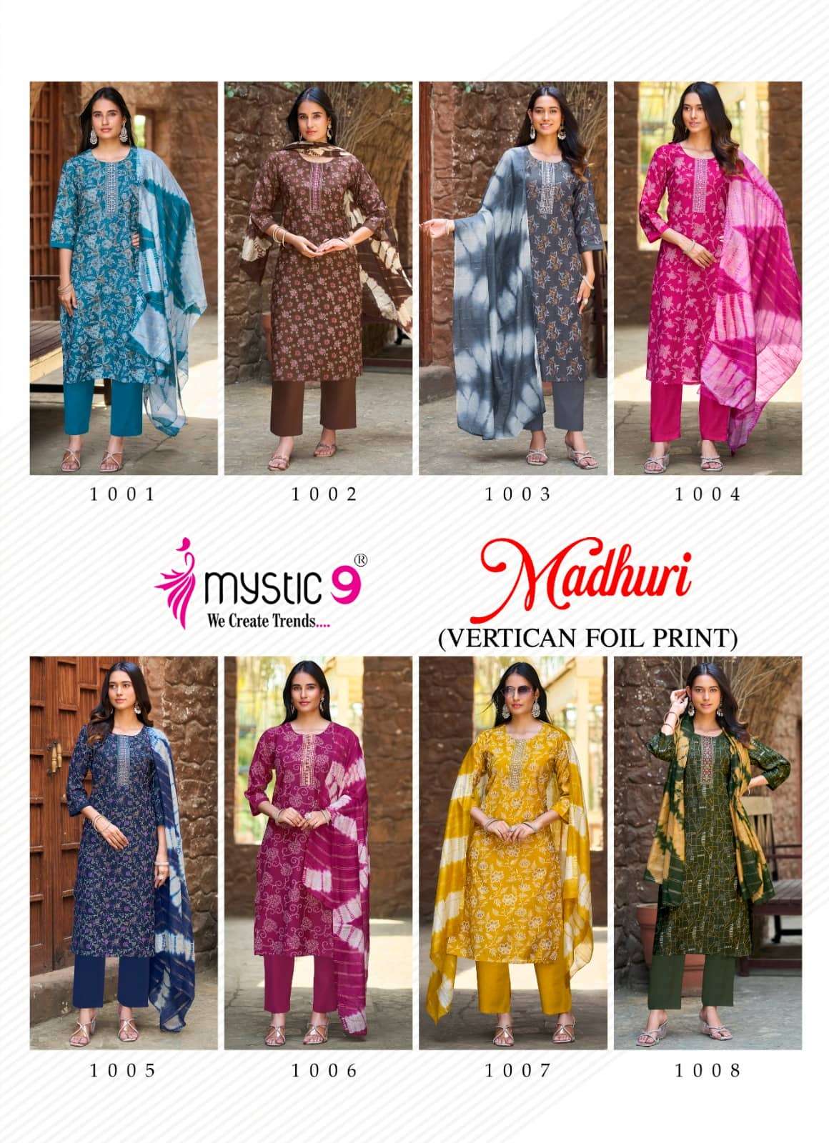 Mystic 9 Madhuri Vol 1 Vertican Foil Print Embroidered Kurti Pant Dupatta Set