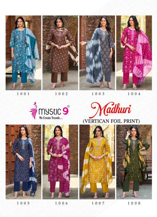 Mystic 9 Madhuri Vol 1 Vertican Foil Print Embroidered Kurti Pant Dupatta Set