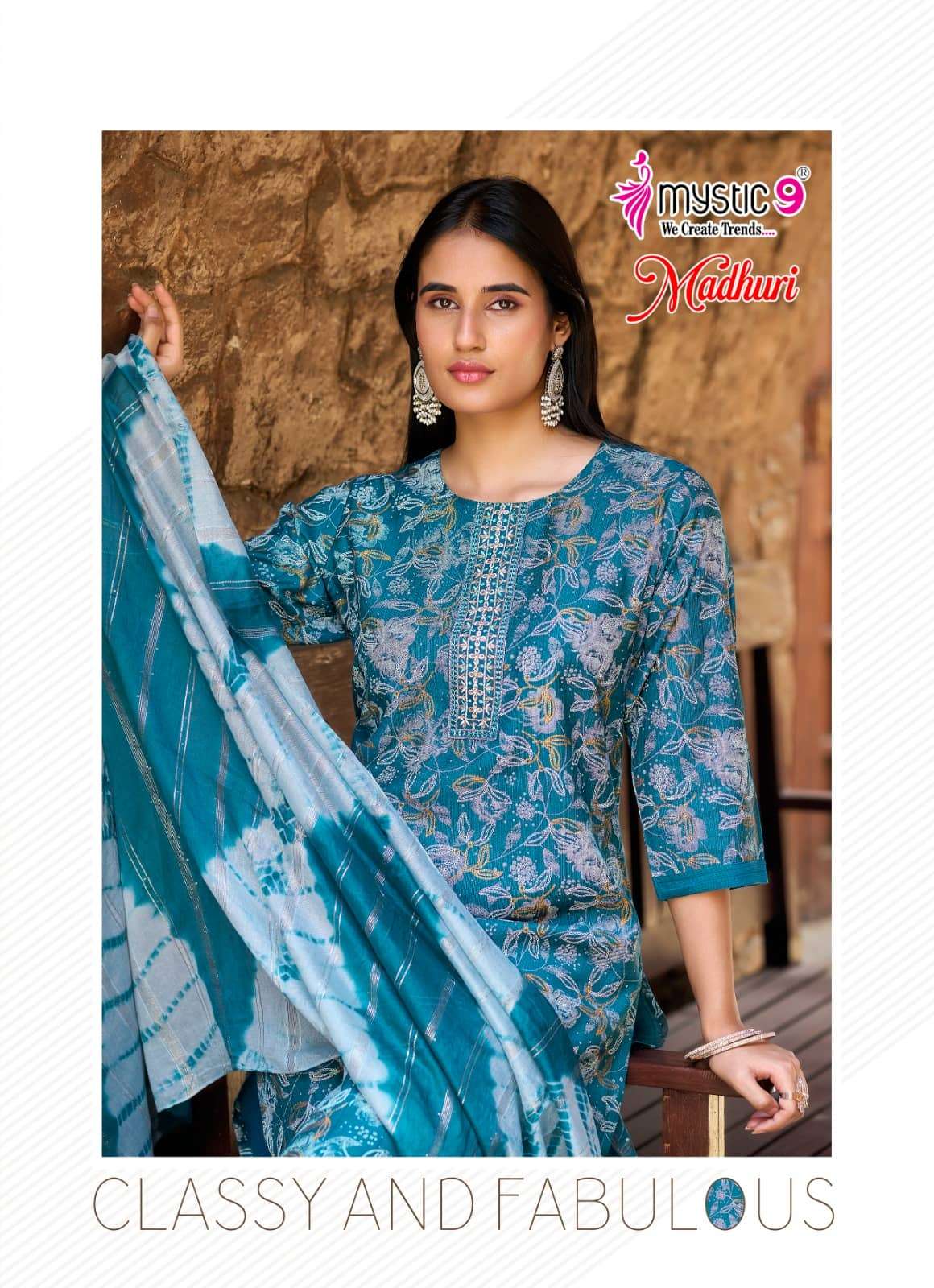 Mystic 9 Madhuri Vol 1 Vertican Foil Print Embroidered Kurti Pant Dupatta Set