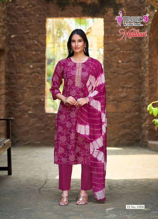 Mystic 9 Madhuri Vol 1 Vertican Foil Print Embroidered Kurti Pant Dupatta Set