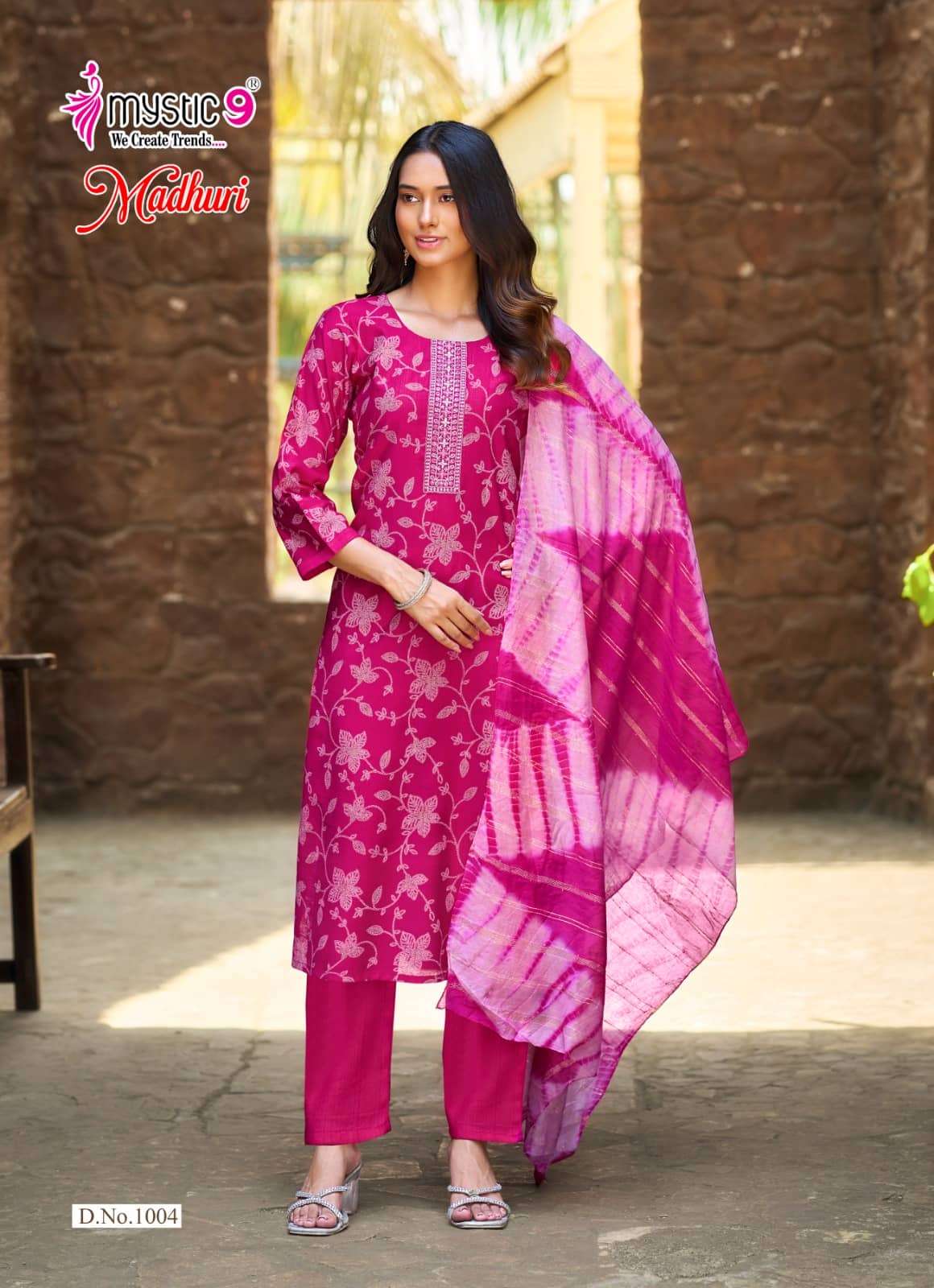 Mystic 9 Madhuri Vol 1 Vertican Foil Print Embroidered Kurti Pant Dupatta Set
