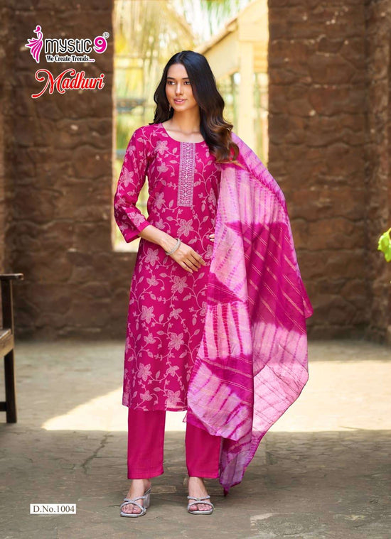 Mystic 9 Madhuri Vol 1 Vertican Foil Print Embroidered Kurti Pant Dupatta Set
