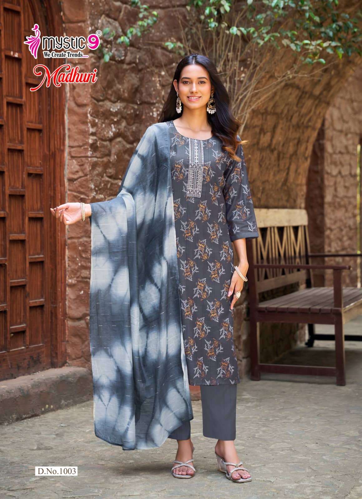 Mystic 9 Madhuri Vol 1 Vertican Foil Print Embroidered Kurti Pant Dupatta Set