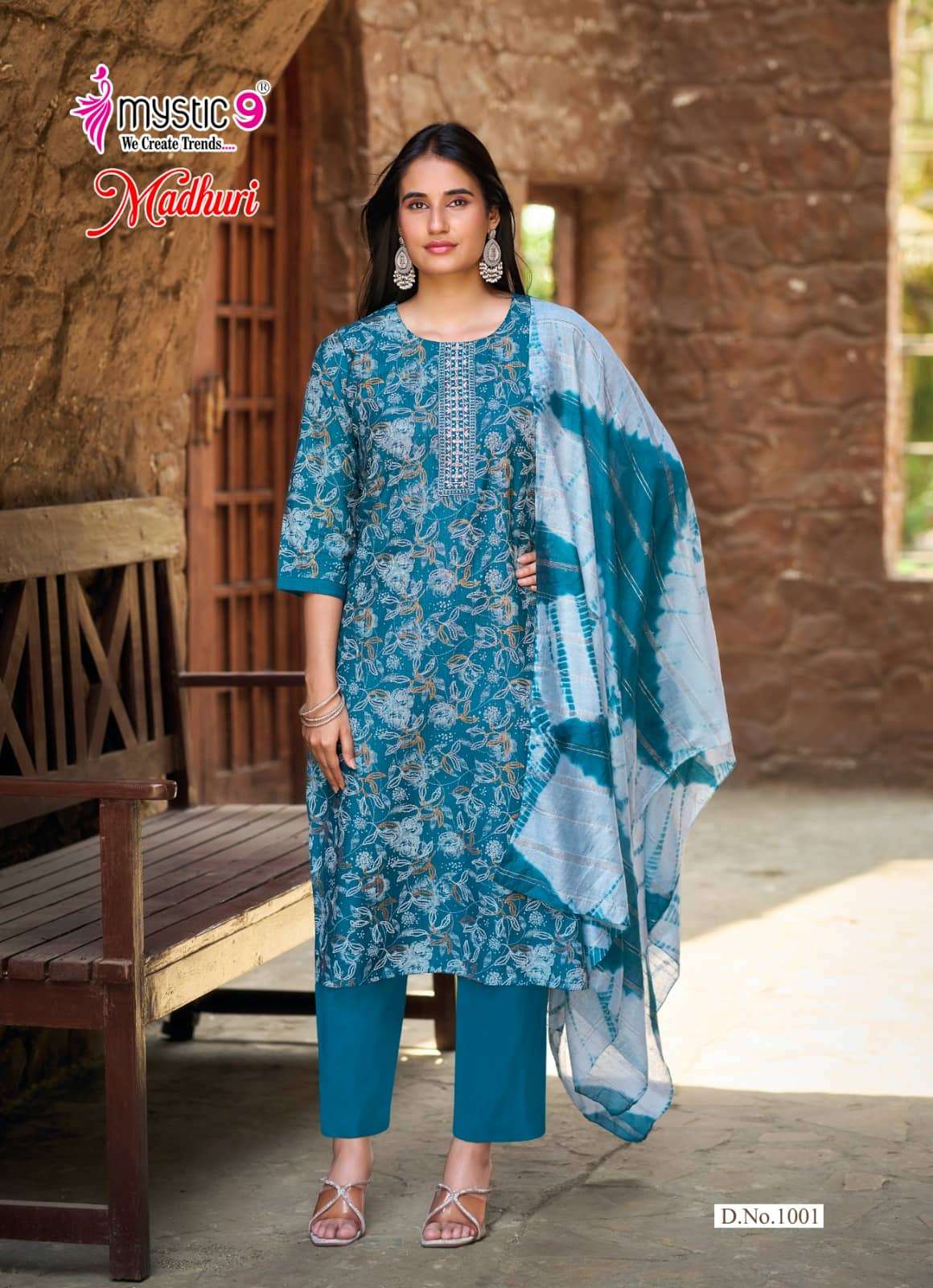 Mystic 9 Madhuri Vol 1 Vertican Foil Print Embroidered Kurti Pant Dupatta Set