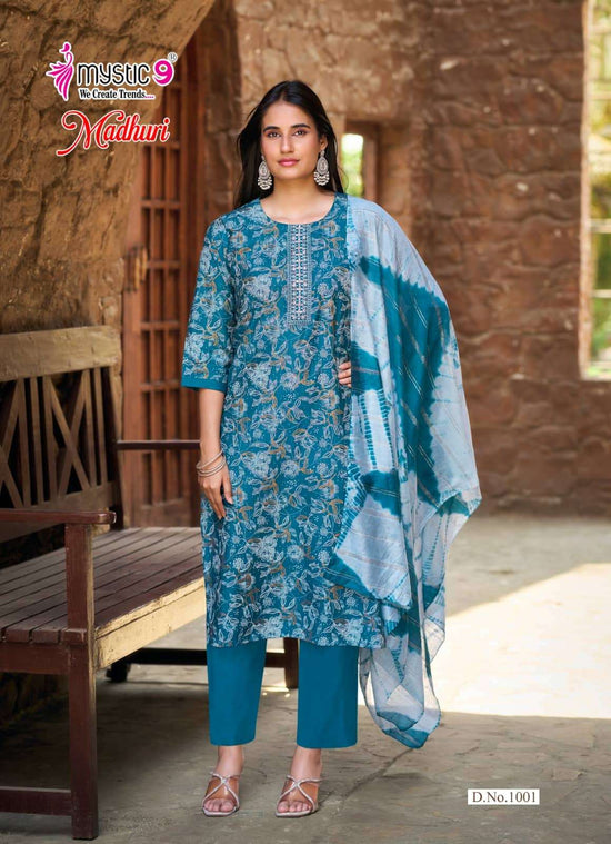 Mystic 9 Madhuri Vol 1 Vertican Foil Print Embroidered Kurti Pant Dupatta Set