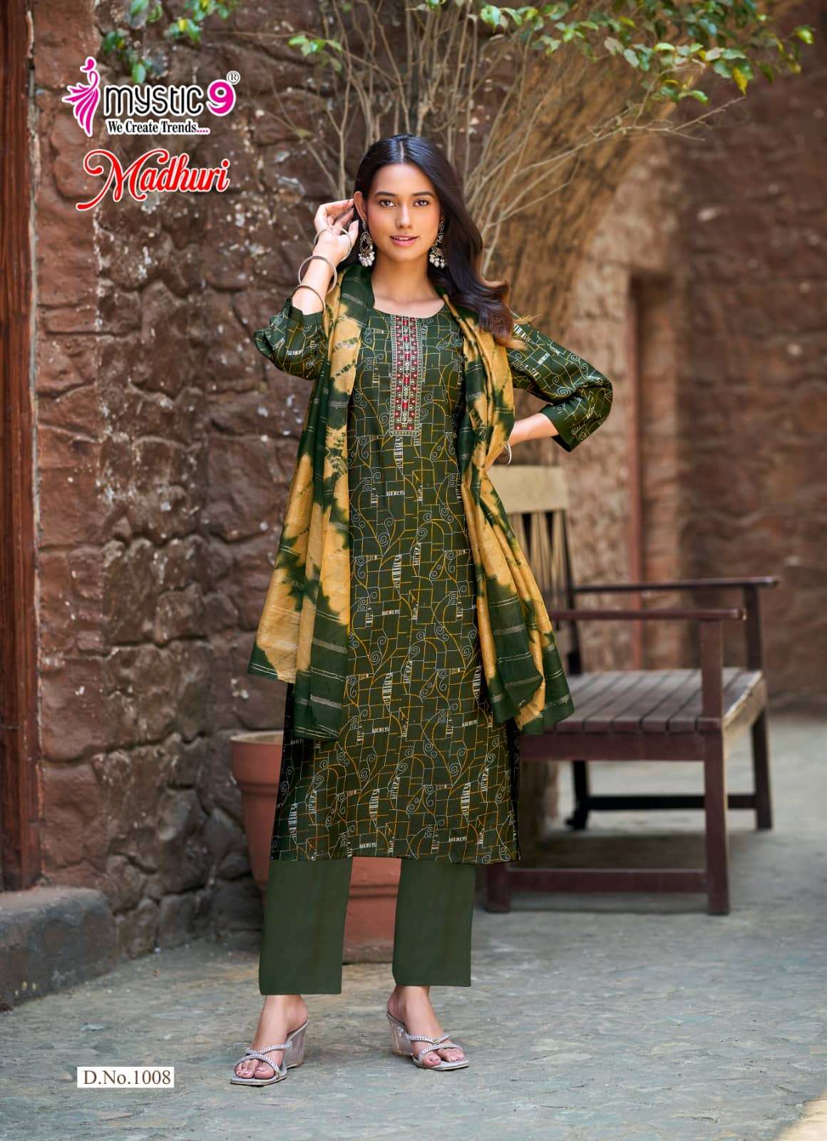 Mystic 9 Madhuri Vol 1 Vertican Foil Print Embroidered Kurti Pant Dupatta Set
