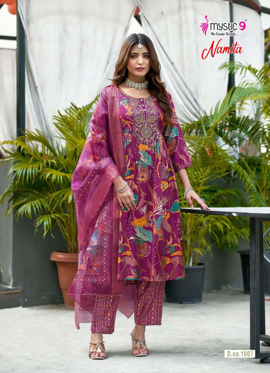 Mystic 9 Namita Vol 1 Muslin Foil Print Kurti Pant Dupatta Set