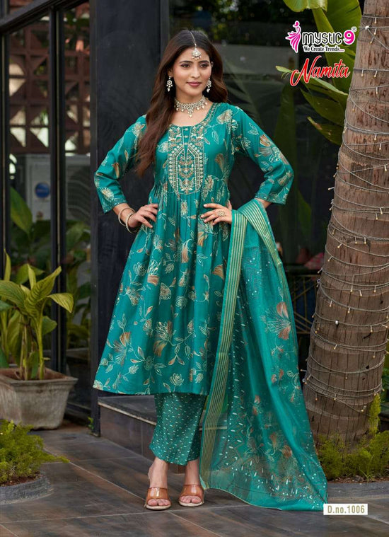 Mystic 9 Namita Vol 1 Muslin Foil Print Kurti Pant Dupatta Set